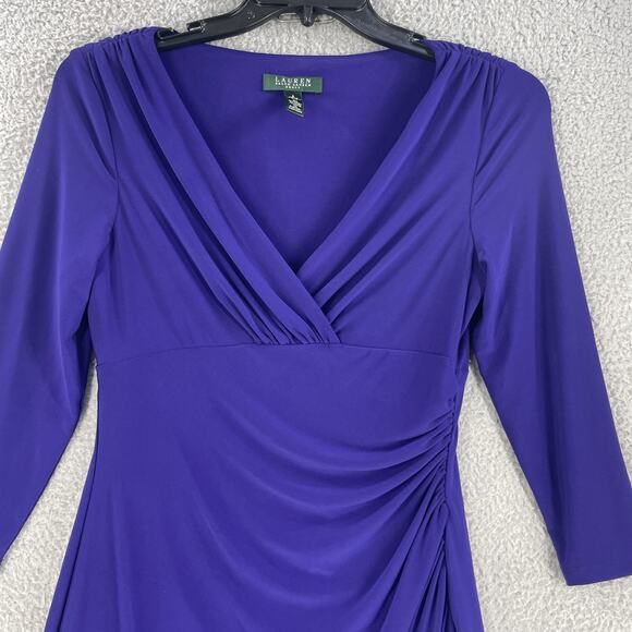 Lauren Ralph Lauren Dress Womens 8 Ruched Stretch V Neck 3/4 Sleeve Elegant - Picture 6 of 11